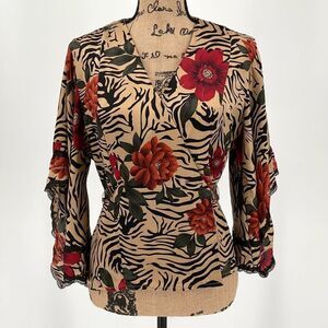 Spenser Jeremy Silk Lace Trim Flutter Sleeve‎ Wrap Top Floral Leopard Tan Medium